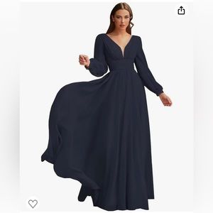 NWT PFTFB Women's V Neck A-line Long Sleeve Pleated Dress in Deep Navy Size 14